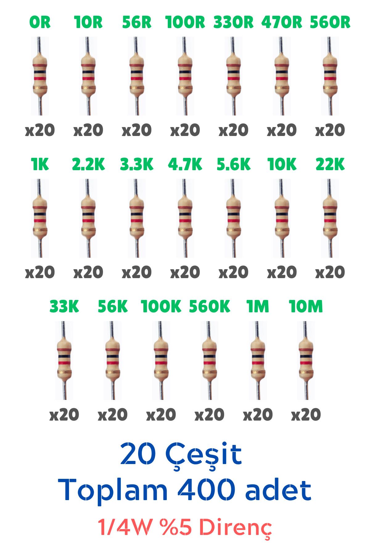 elektrik Direnç Seti 1/4w %5 400 Parça 20 Çeşit | 0 10 56 100 330 470 560 1k 2.2k 3.3k 4.7k 5.6k 10k 22k ...