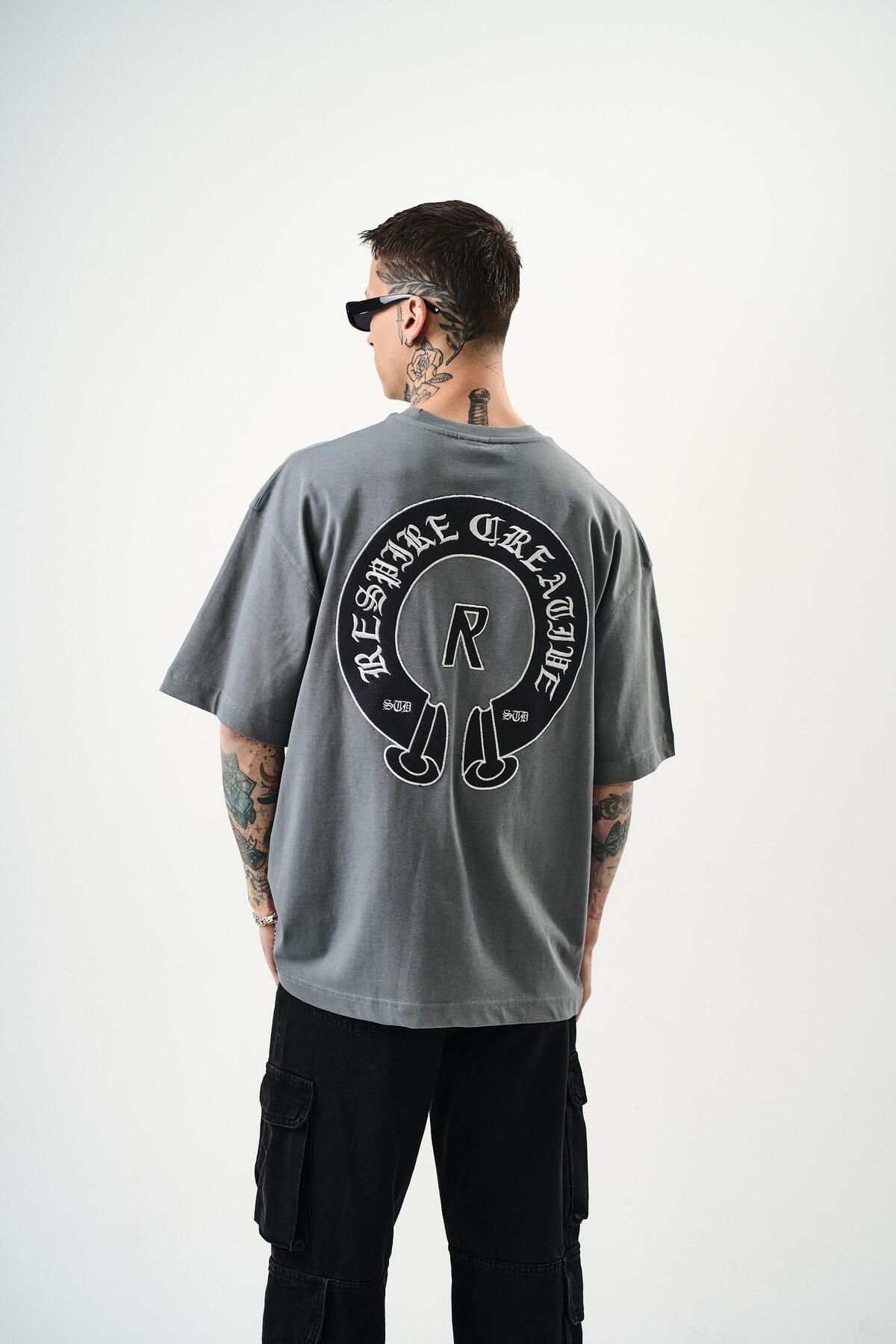 Respire Erkek R Creative Nakışlı Oversize T-Shirt Füme