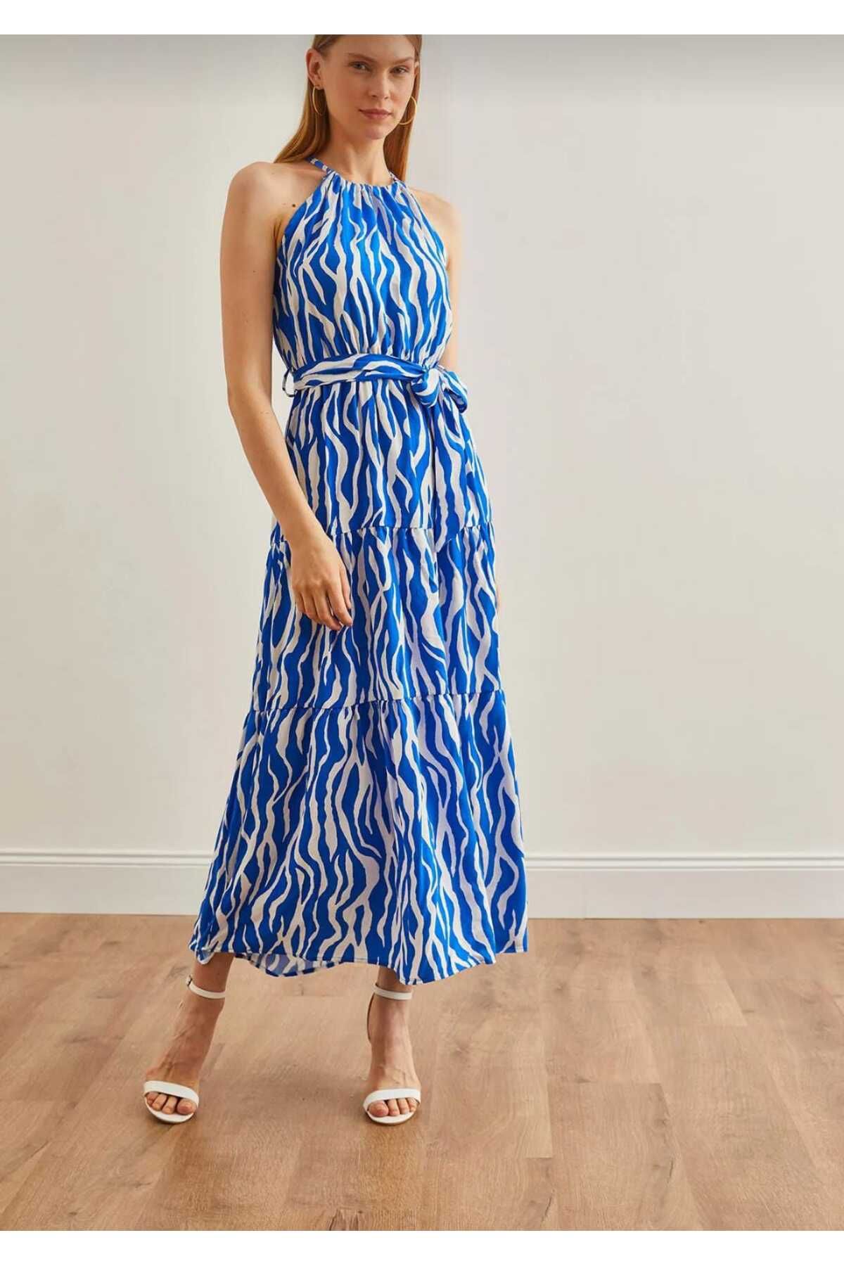 berceste İS BERCESTE KADIN ZEBRA SAKS MAVİ HALTER YAKA KUŞAKLI DOKUMA VİSCON ELBİSE