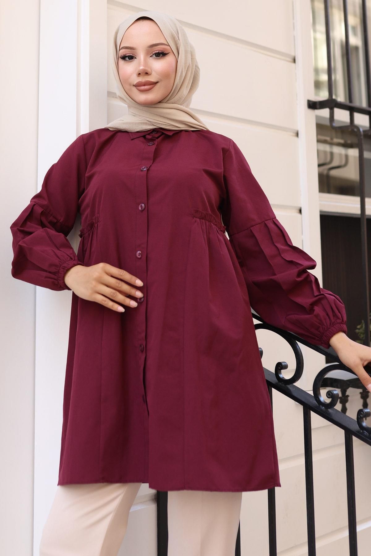 hafsamina Büzgü Detaylı Balon Kol Gömlek Bordo HM2763