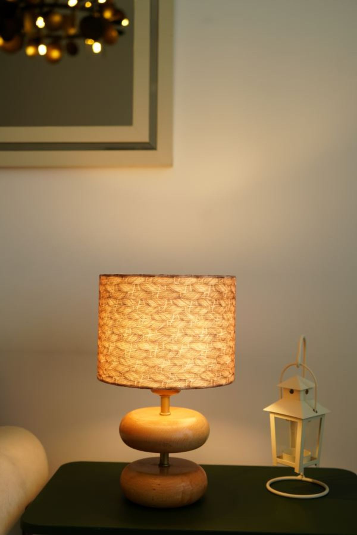 retro home design Çift Silindir Doğal Ahşap Model Silindir Desenli Baskı Kumaş Şapkalı Abajur Salon Yatak Odası