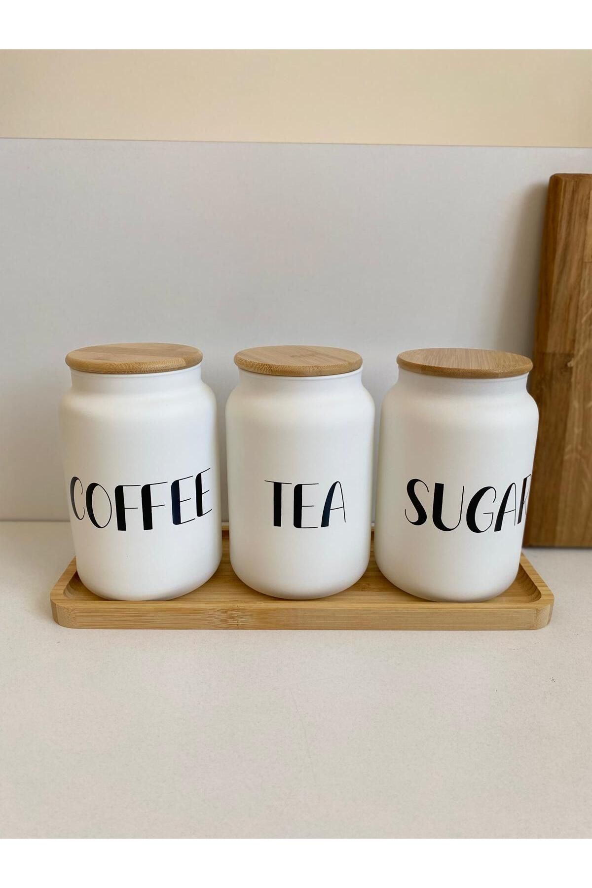LEONEV BAMBU ALTLIKLI COFFE TEA SUGAR YAZILI CAM KAVANOZ