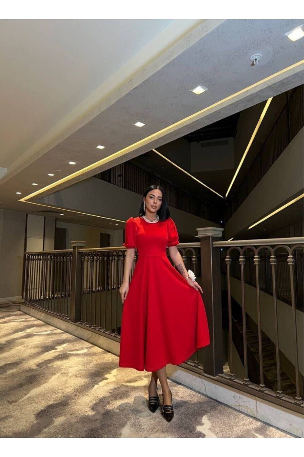 Kokosh moda Kadın Bisiklet Yakalı Karpuz Kollu Midi Boy Elbise, Özel Gün Mezuniyet Elbisesi