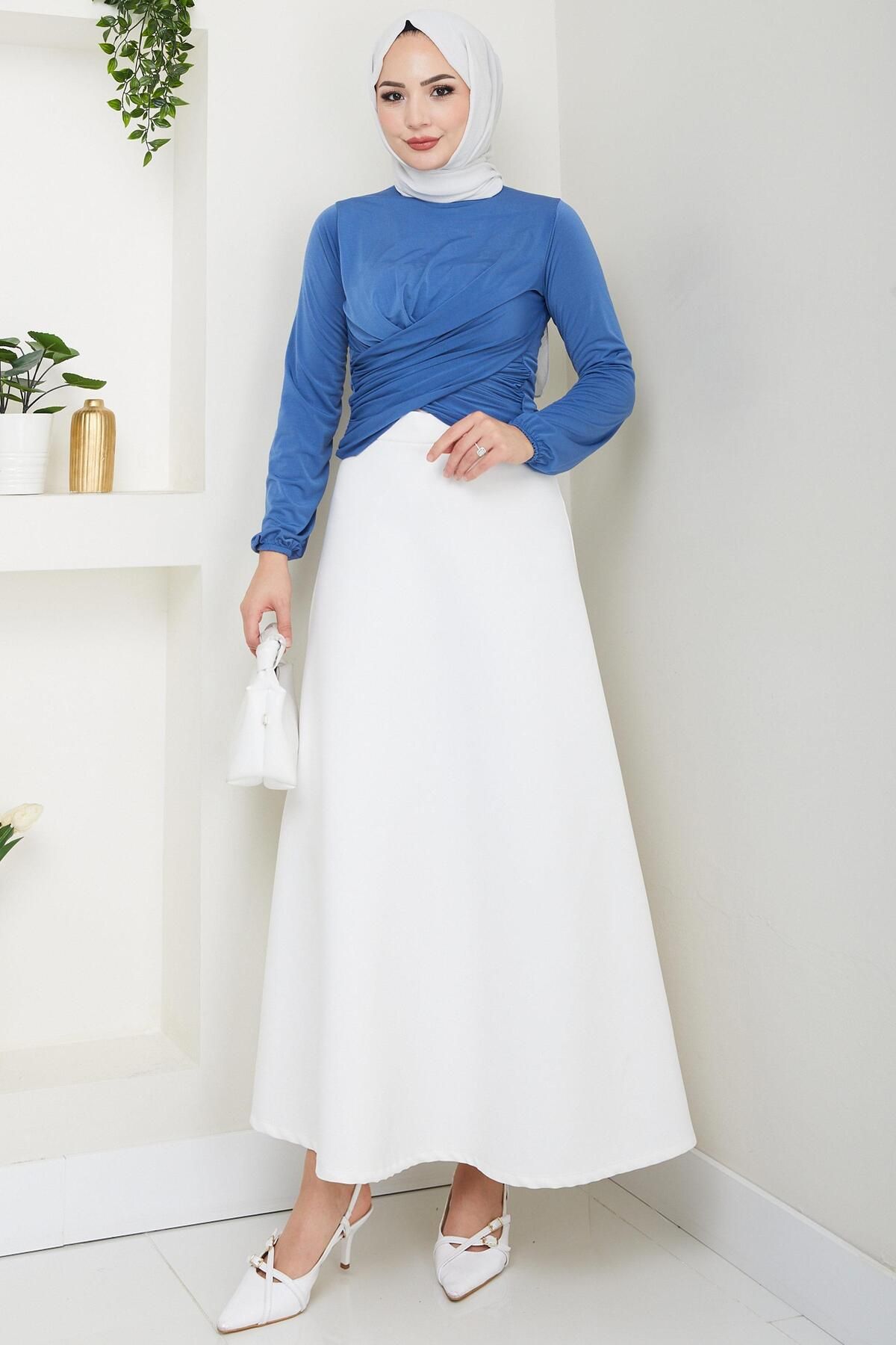 hafsamina Bisiklet Yaka Büzgülü Sandy Bluz İndigo HM2765