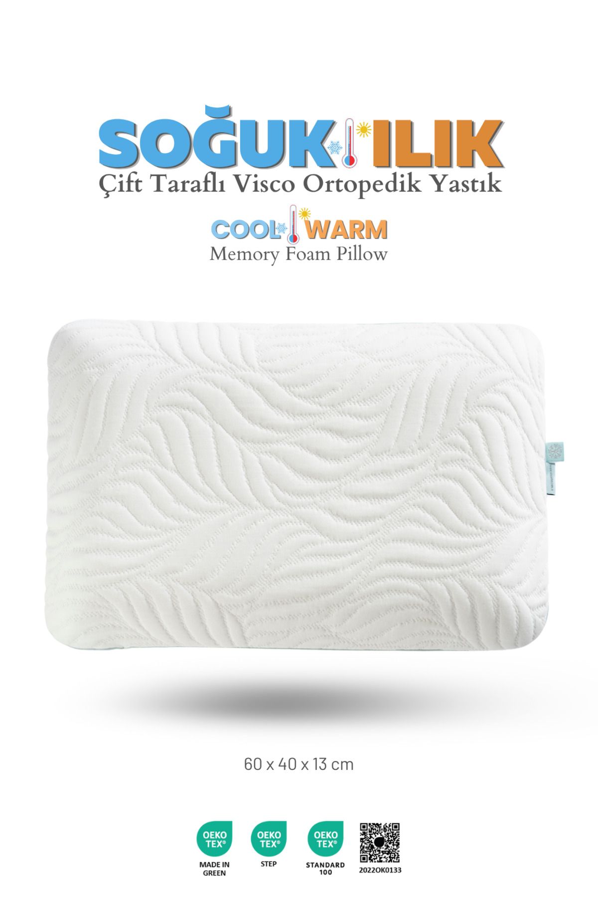 VİSCOTEX Soğuk ve Ilık Yüzeyli, Çift Taraflı Kılıf, Hava Kanallı Visco Ortopedik Yastık, 60x40x13 cm, Beyaz