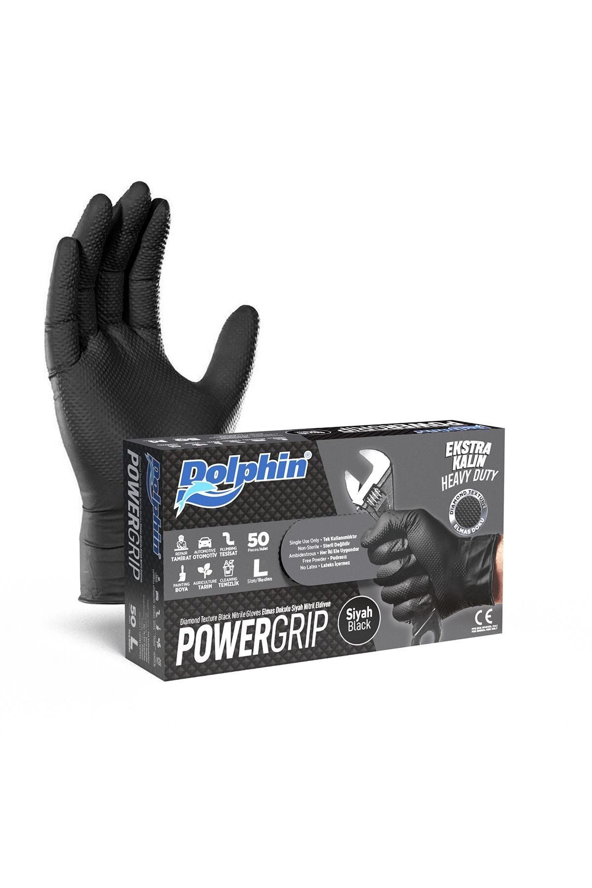 alsepeteavm Dolphin Powergrip Ekstra Kalın Siyah Nitril Eldiven Elmas Dokulu L 50 adet