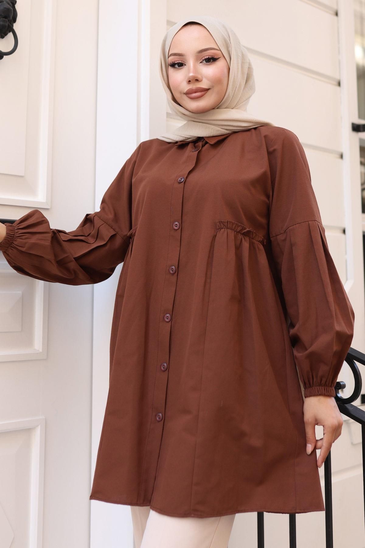 hafsamina Büzgü Detaylı Balon Kol Gömlek Kahverengi HM2763