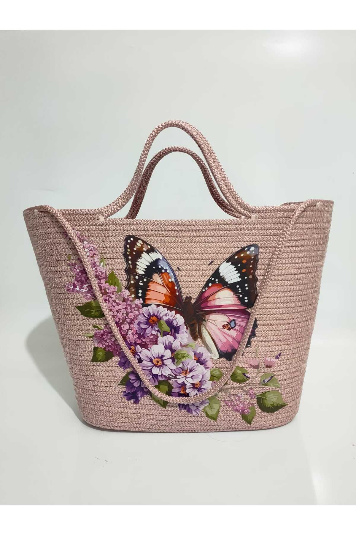 Ezo Beach Handmade Kadın Pembe Omuz Çantası, Kadın Plaj Kol Çantası, Tasarım Kelebek Baskılı Hediyelik