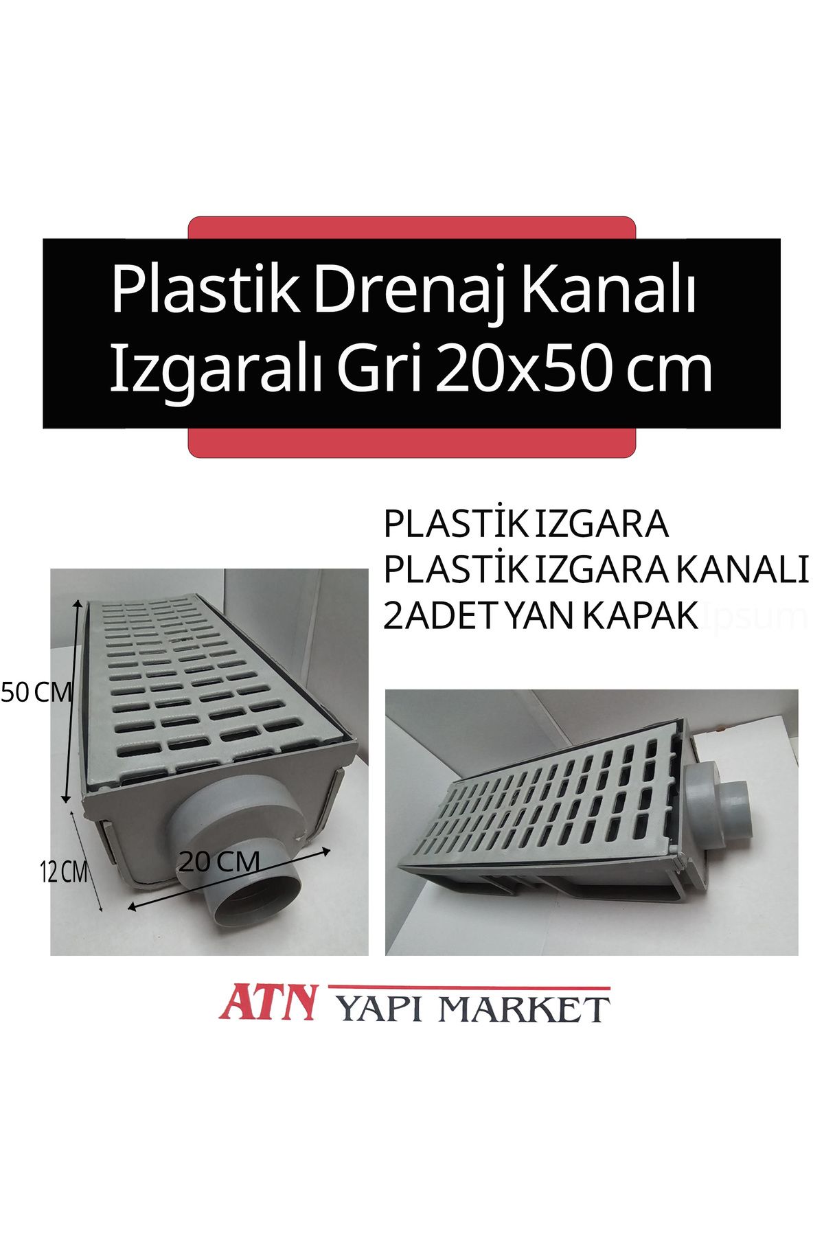 LÜXPAR Plastik Drenaj Kanalı Izgaralı Gri 20x50 cm – Yan Çıkışlı Oluklu Su Tahliye Kanalı