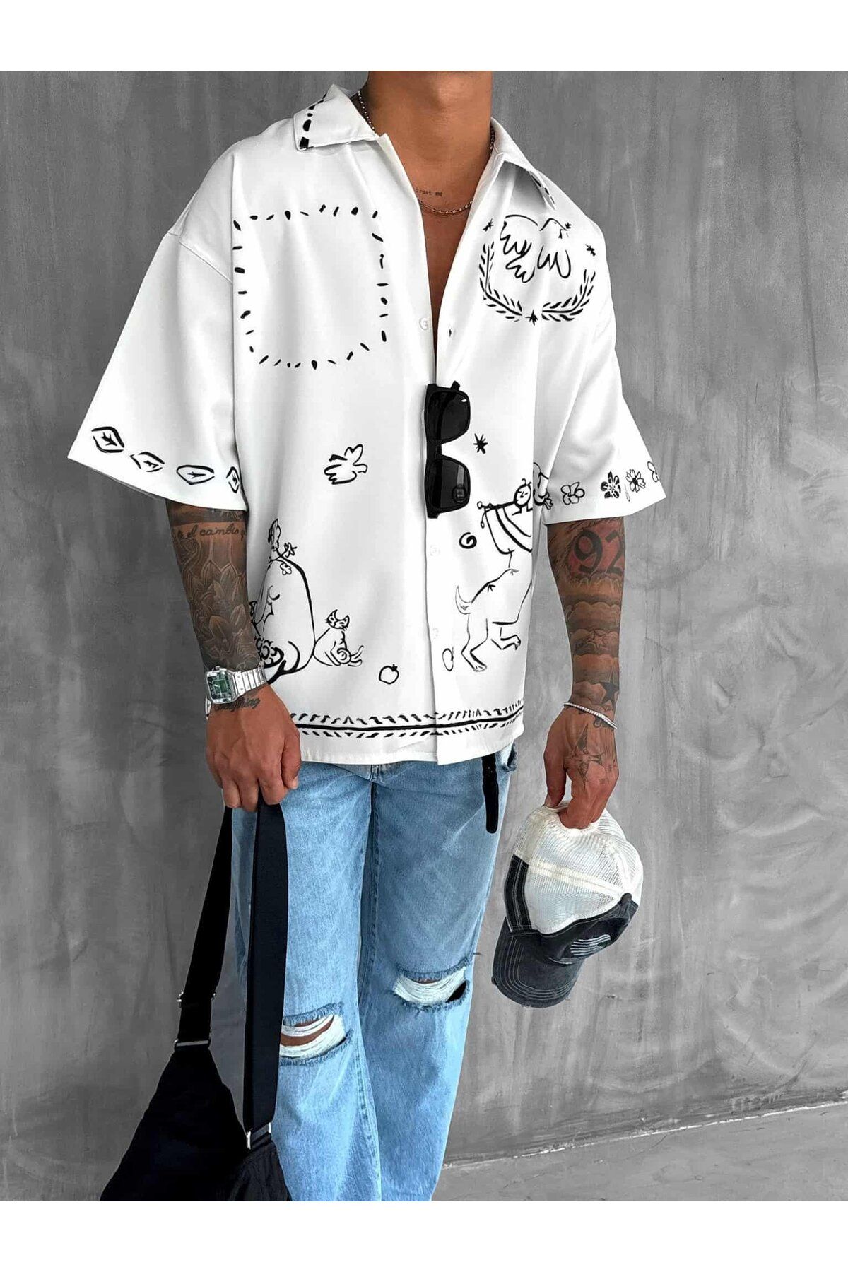 ablukaonline Erkek Desenli Süper Oversize Gömlek Ekru