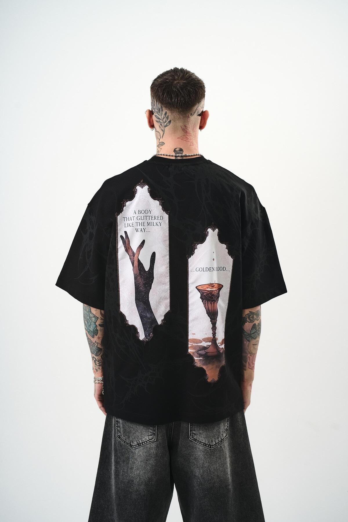 Respire Erkek Golden Baskılı Oversize T-Shirt Siyah