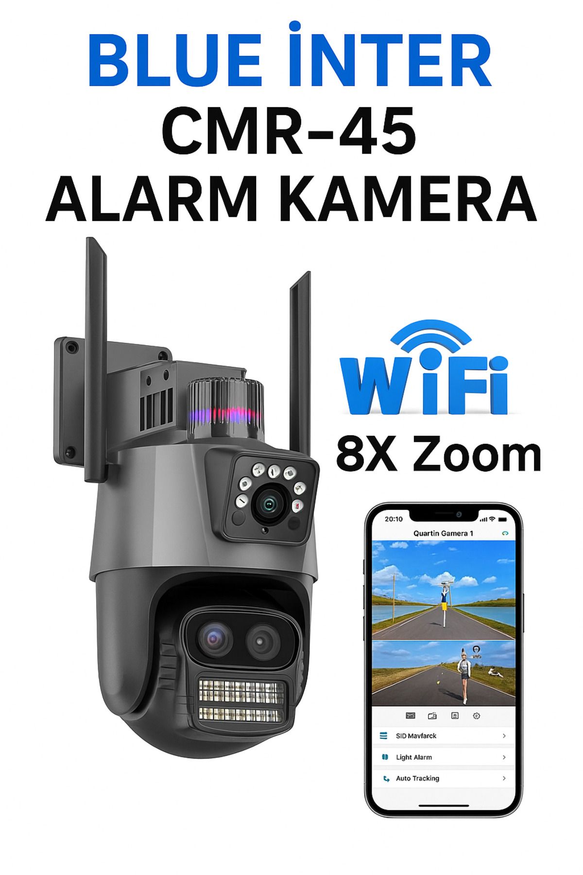 BLUE İNTER CMR-45 Wi-Fi Destekli 8X Zoom Dış Mekan Güvenlik Kamerası 3 Lensli Hareket Takipli, Gece Görüşlü