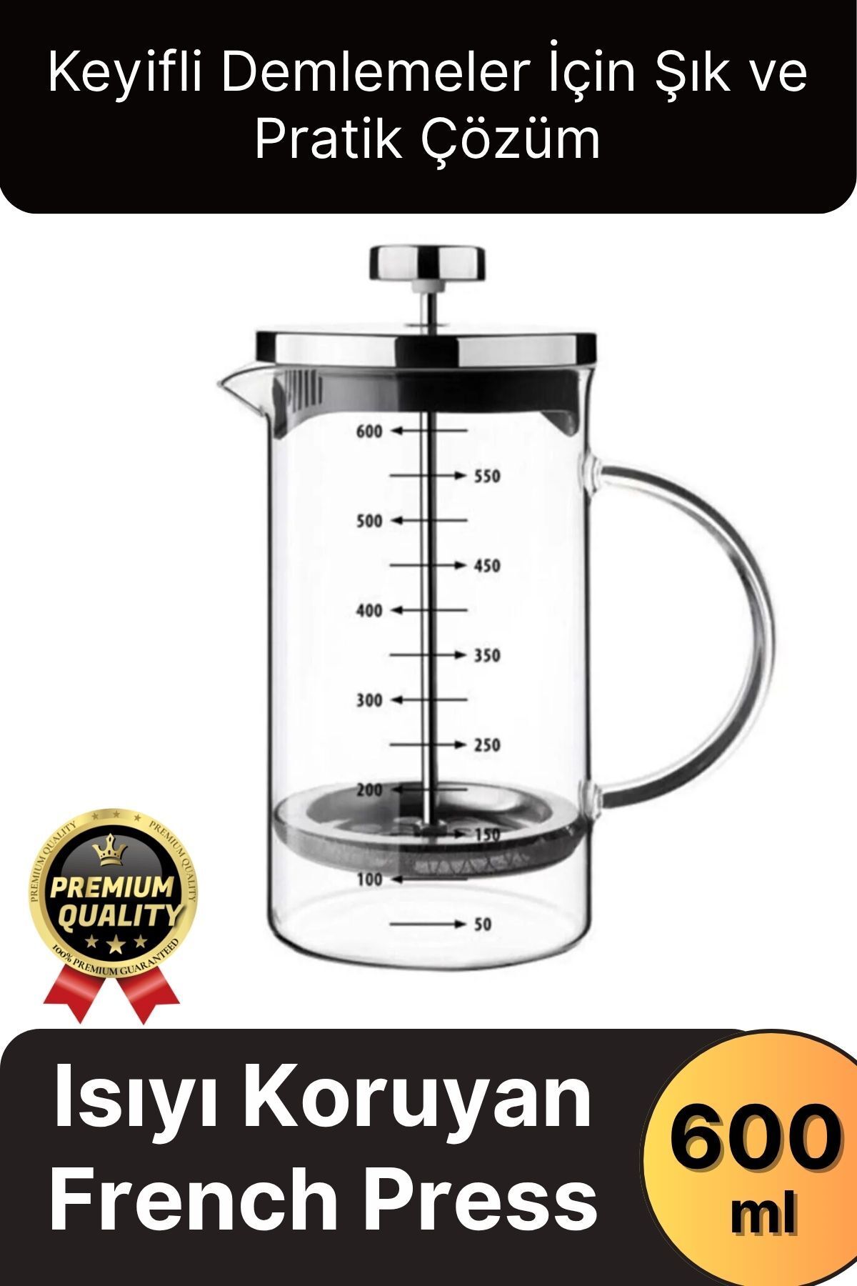 Svein Çok Amaçlı Isıyı Koruyan Süzgeçli Bitki Çayı Filtre Kahve Demlik Ölçü Kabı Cam French Press 600 ml
