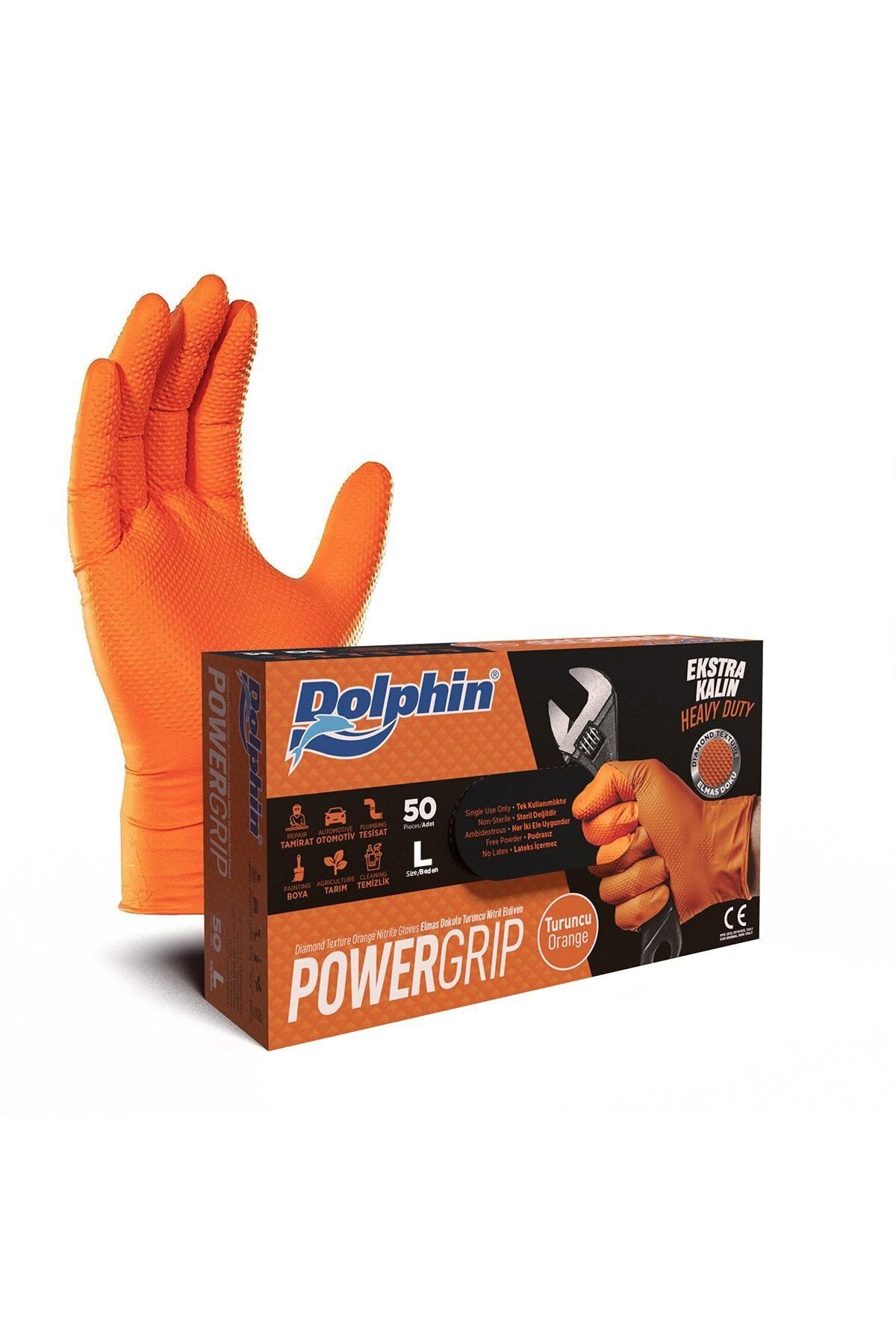 alsepeteavm Dolphin Powergrip Ekstra Kalın Turuncu Nitril Eldiven Elmas Dokulu L 50 adet