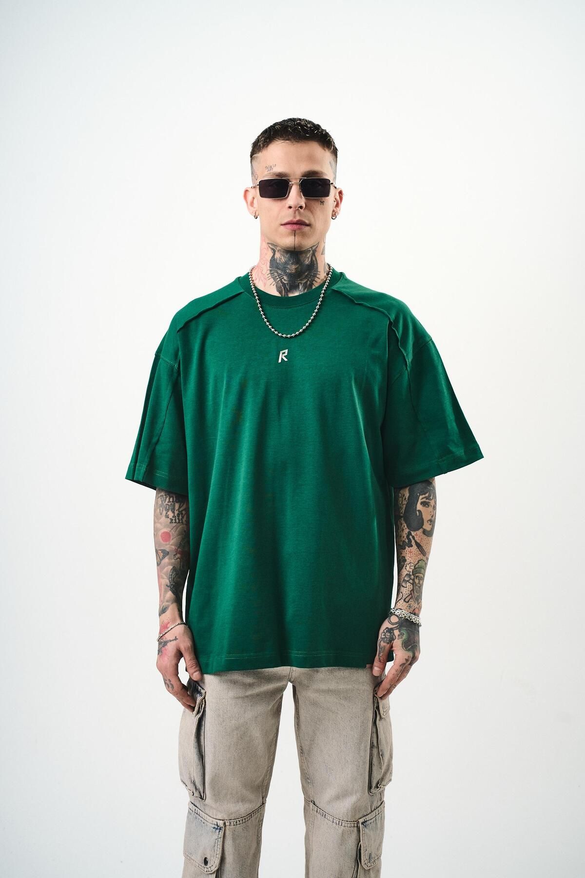 Respire Erkek R Baskılı Oversize T-Shirt Nefti