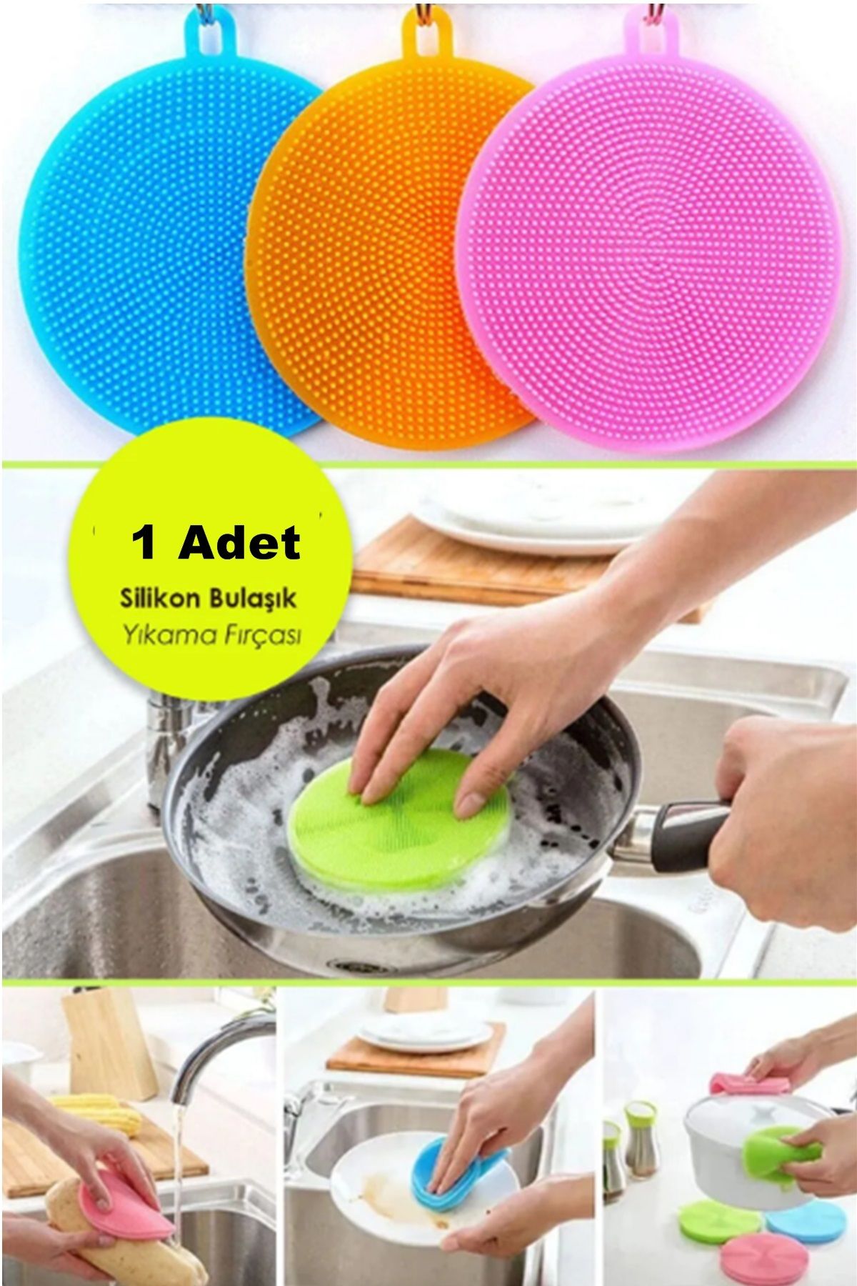 Kitchen Beauty Pratik 1 Adet Silikon Tükenmeyen Bulaşık Yıkama Fırçası | Bulaşık Fırçası Tava Tutucu Sebze Temizlem