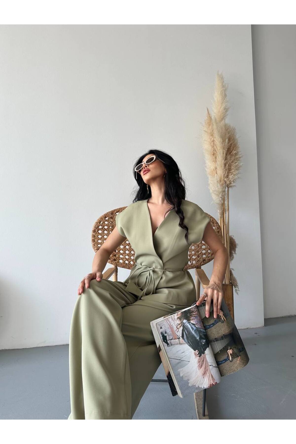 Damen-Weste-Hosen-Set mit Bindegürtel, Khaki - Görsel 3