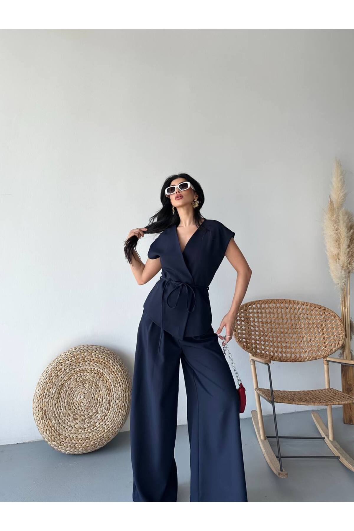 Ensemble gilet bleu marine à nouer - Görsel 4
