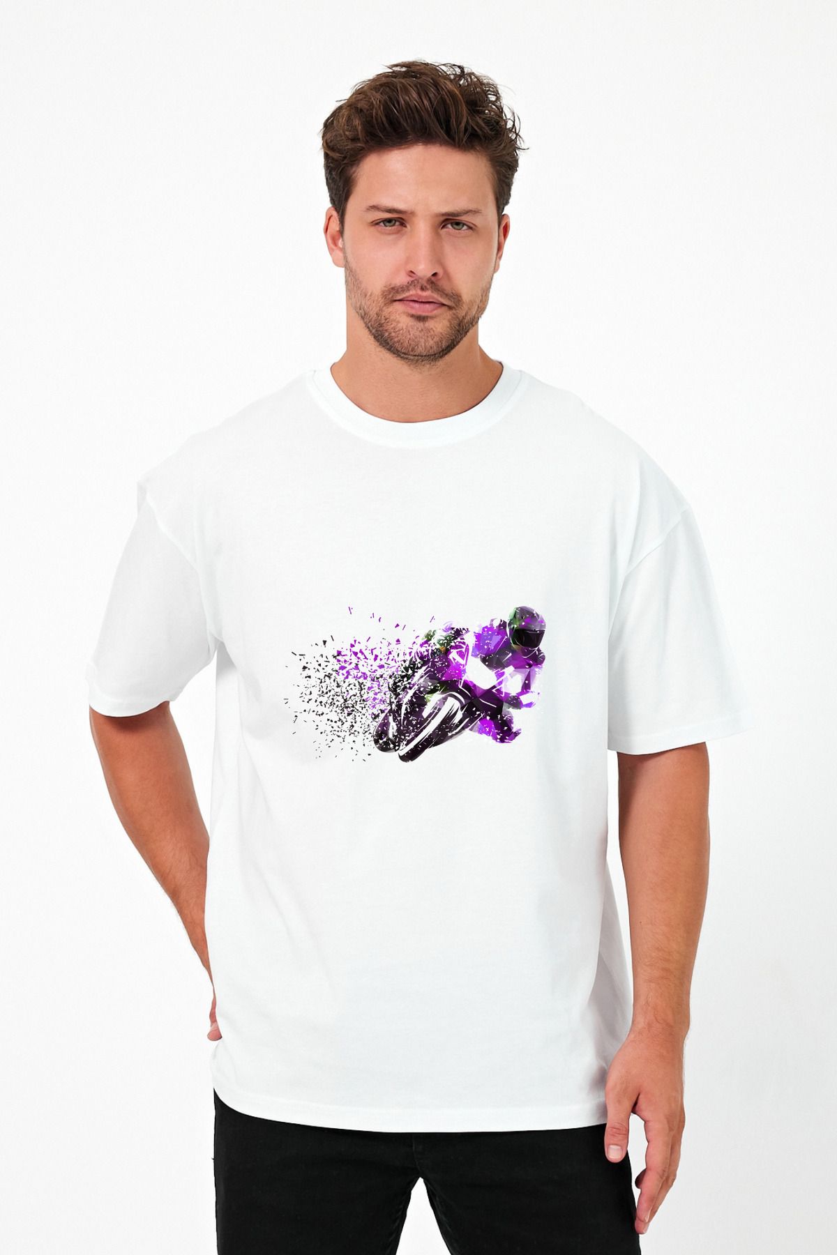 Windy Island Erkek Bisiklet Yaka Renkli Motor Baskılı Oversize T-shirt