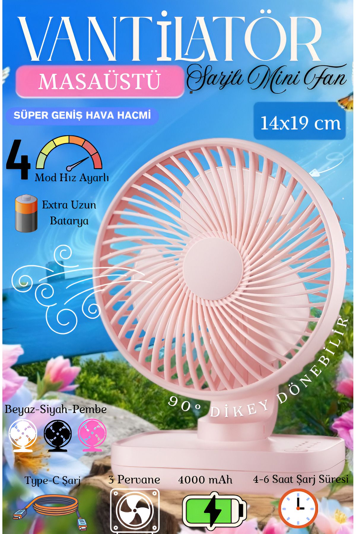 nextbuy Mini Fan Soğutucu Vantilatör Type-C Şarjlı Masa Üstü Klima Taşınabilir 4 Mod Hız Ayarlı Pervane