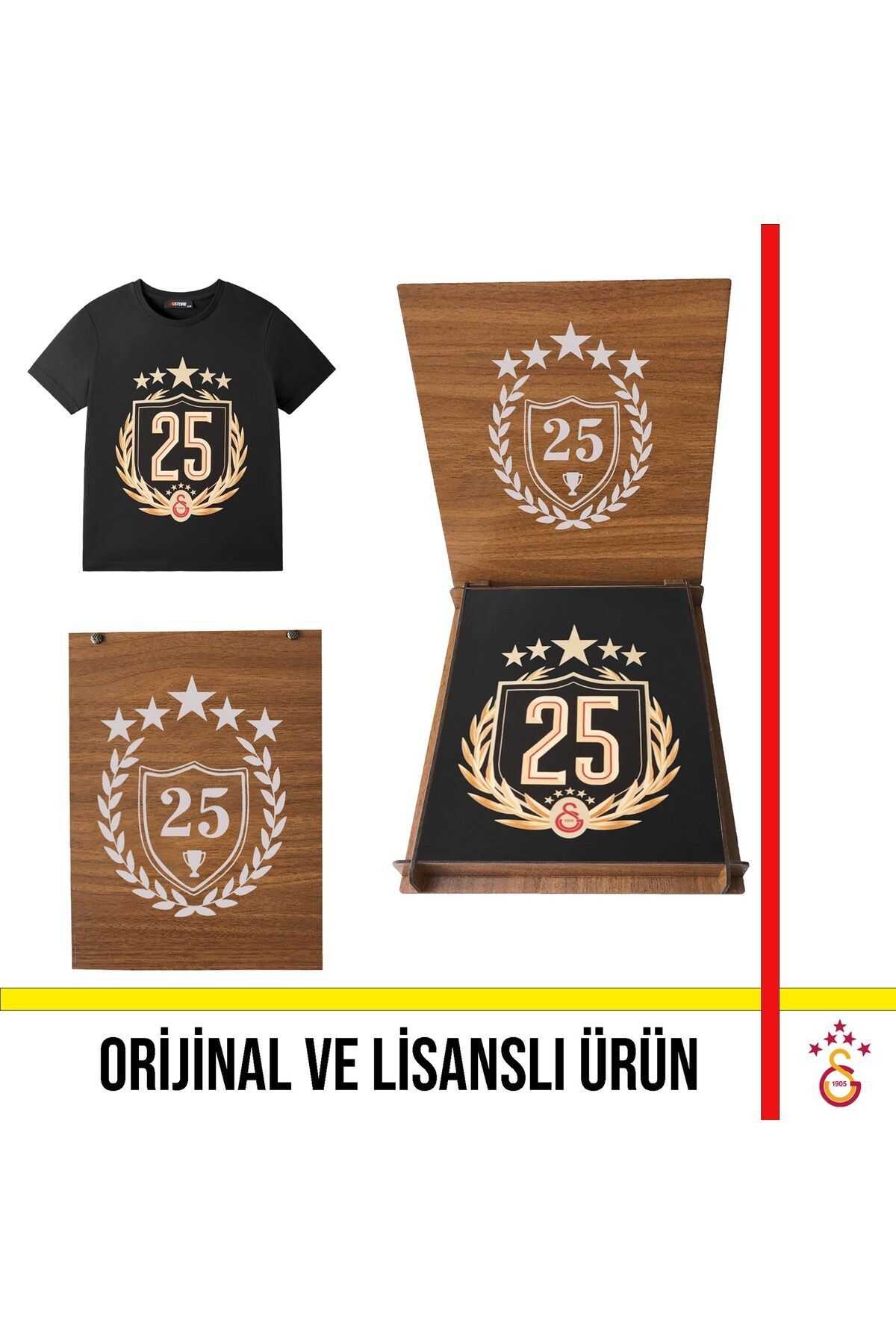 Galatasaray Lisanslı 2025 Şampiyonluk Özel Siyah Çocuk T-Shirt Şampiyonluk Özel Ahşap Kutulu