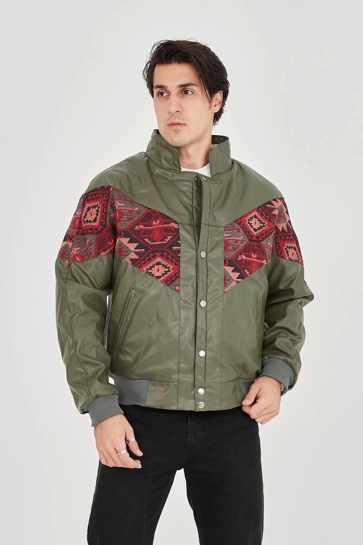 MODA CS Erkek İçi Astarlı İçten Yaka Kısmı Peluşlu Suni Kumaş Vintage Ceket - Haki