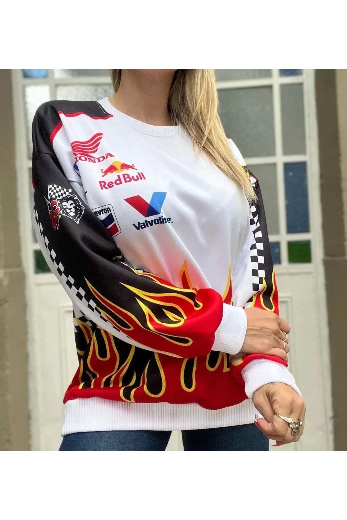 MODA CS Kadın Alev Baskılı Sweat - Beyaz