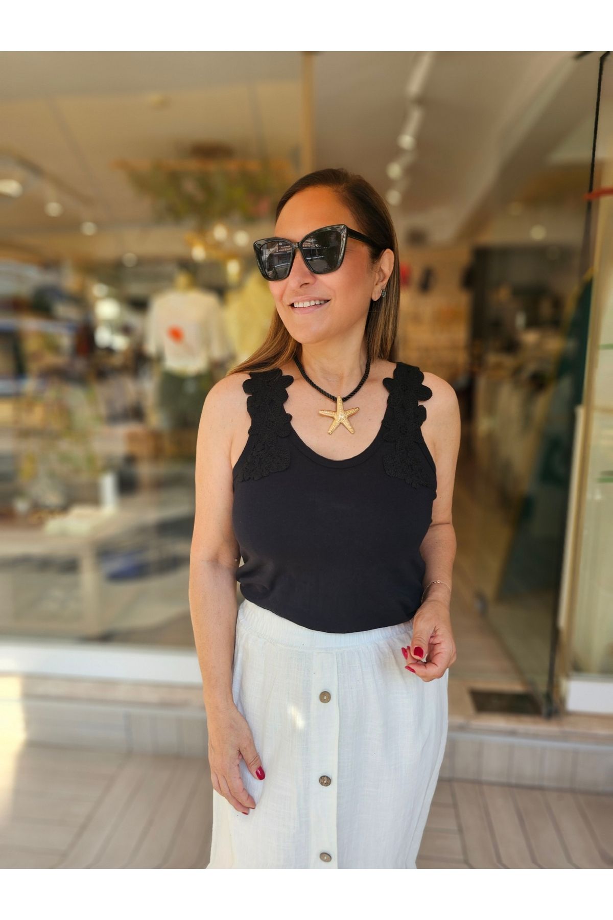 CsChicShop Askıları Güpür Detaylı Pamuklu Bluz