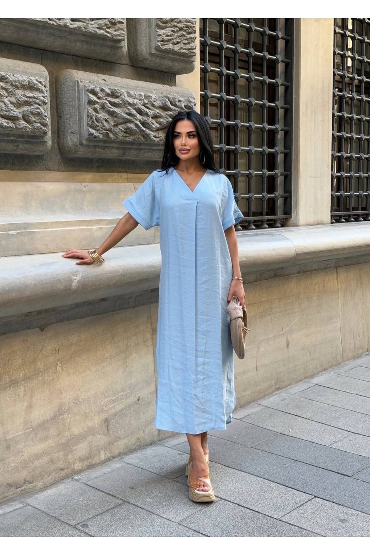 manana fashion V YAKA PREMİUM KUMAŞ TREND KISA KOL MİDİ GÜNLÜK ELBİSE