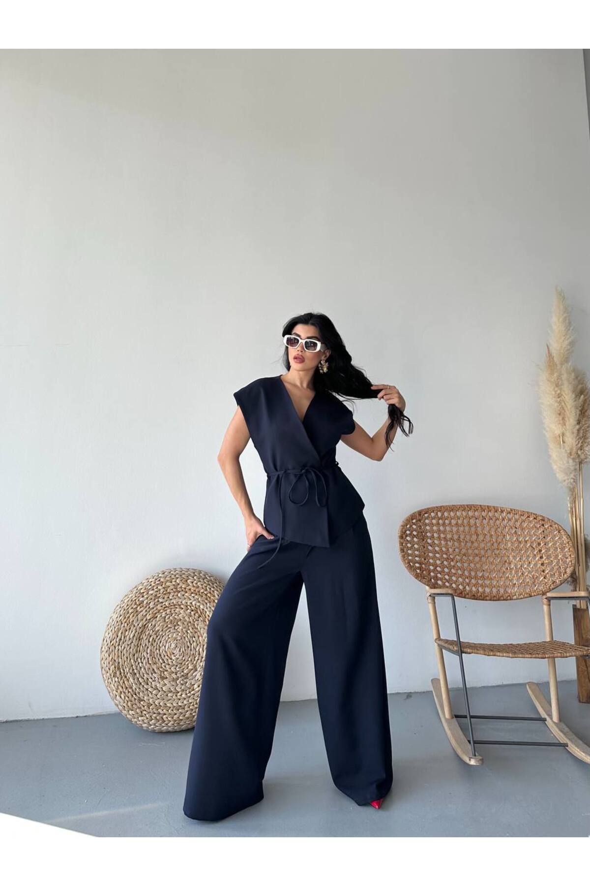 Ensemble gilet bleu marine à nouer - Görsel 6