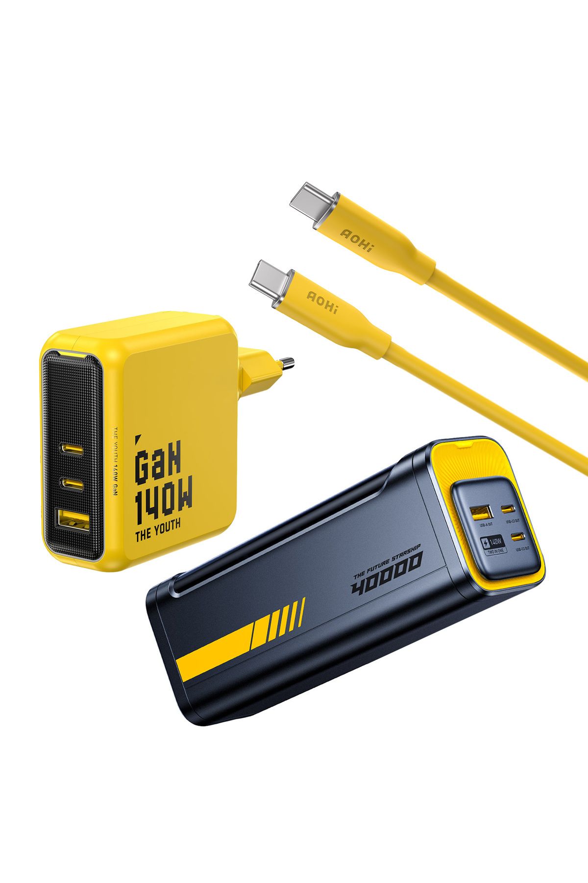 Aohi Youth 140W 3 Portlu Şarj Adaptörü, 40.000 mAh 140W PD3.1 Powerbank, 140W 1m PD 3.1 480Mbps Süpe