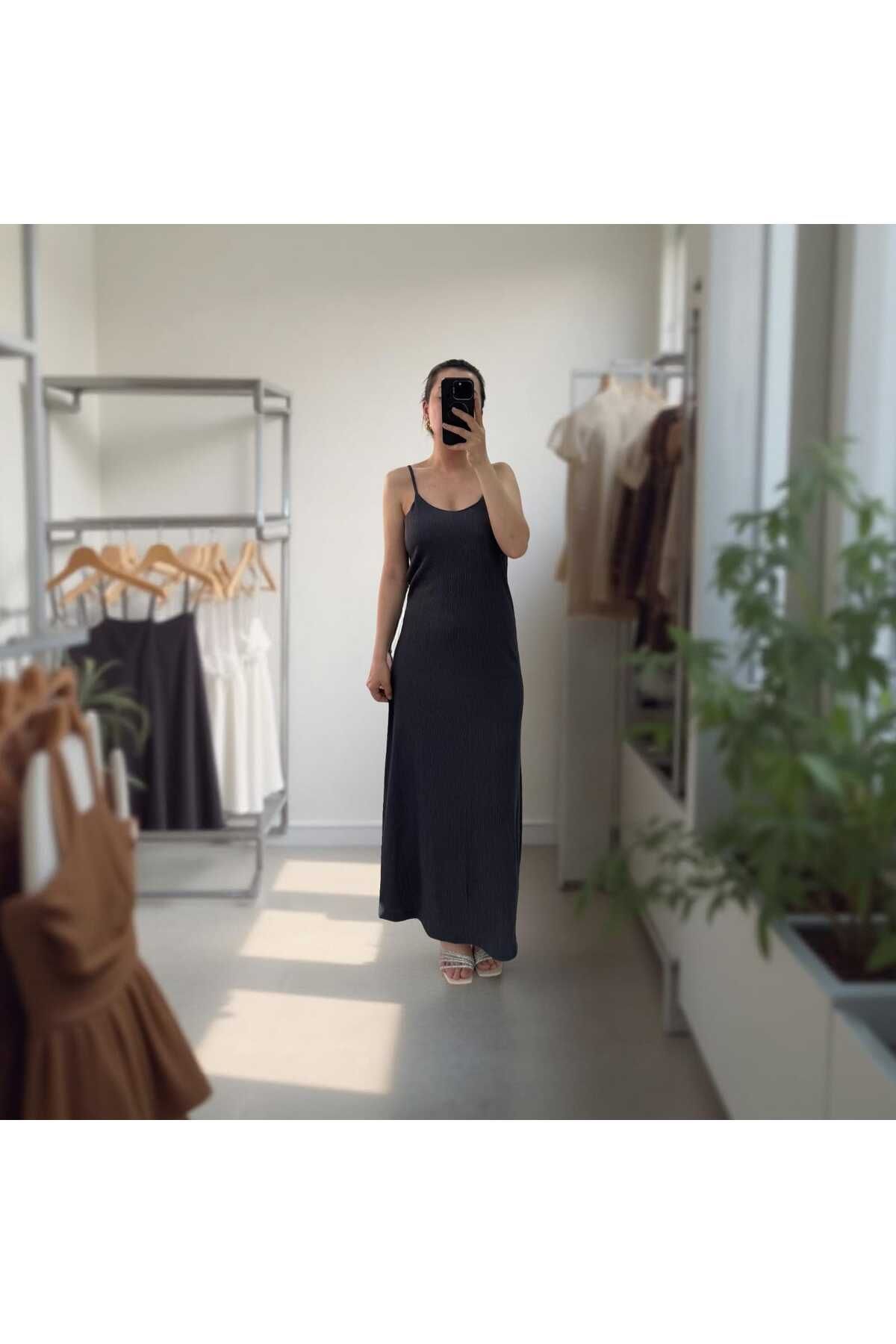 MODA Kadın Ayarlanabilir İp Askılı Bürümcük Kumaş Uzun Elbise