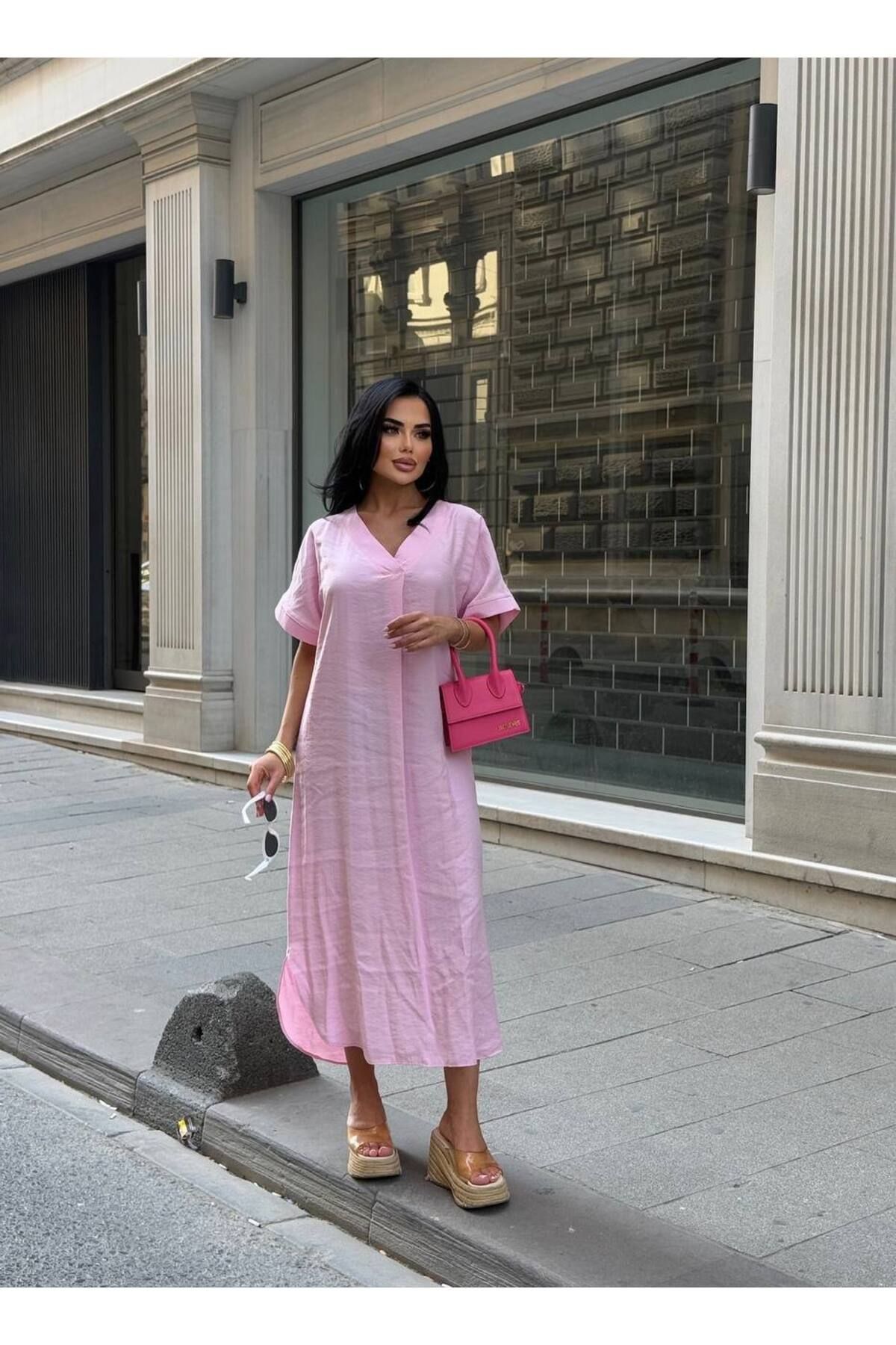 manana fashion V YAKA PREMİUM KUMAŞ TREND KISA KOL MİDİ GÜNLÜK ELBİSE