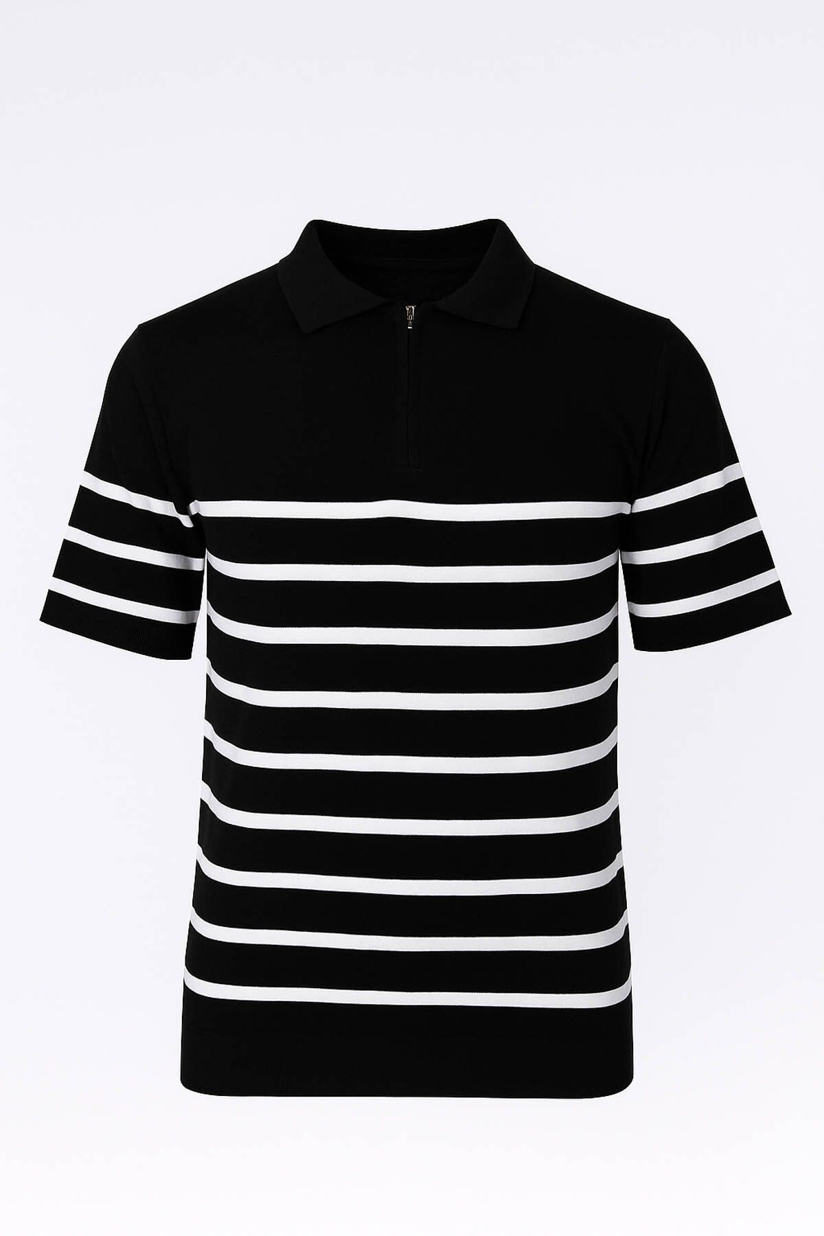 trender Yarım Fermuarlı Çizgili Siyah Erkek Polo Yaka T-shirt 102-4014