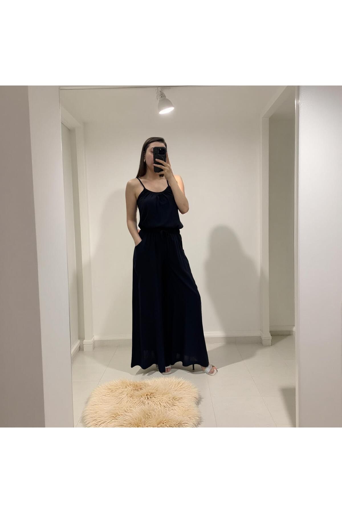 MODA Kadın İkili Takım- İp Askılı Bluz;Bol paça Cepli Pantolon