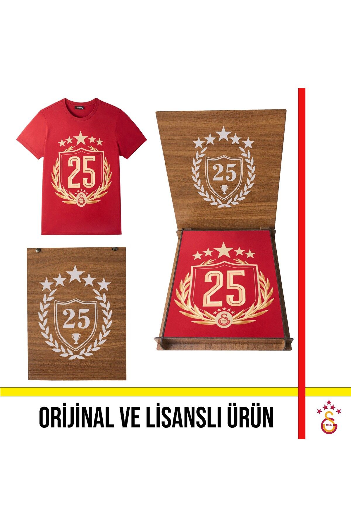 Galatasaray Lisanslı 2025 Şampiyonluk Kırmızı Özel Yetişkin T-Shirt Şampiyonluk Özel Ahşap Kutulu
