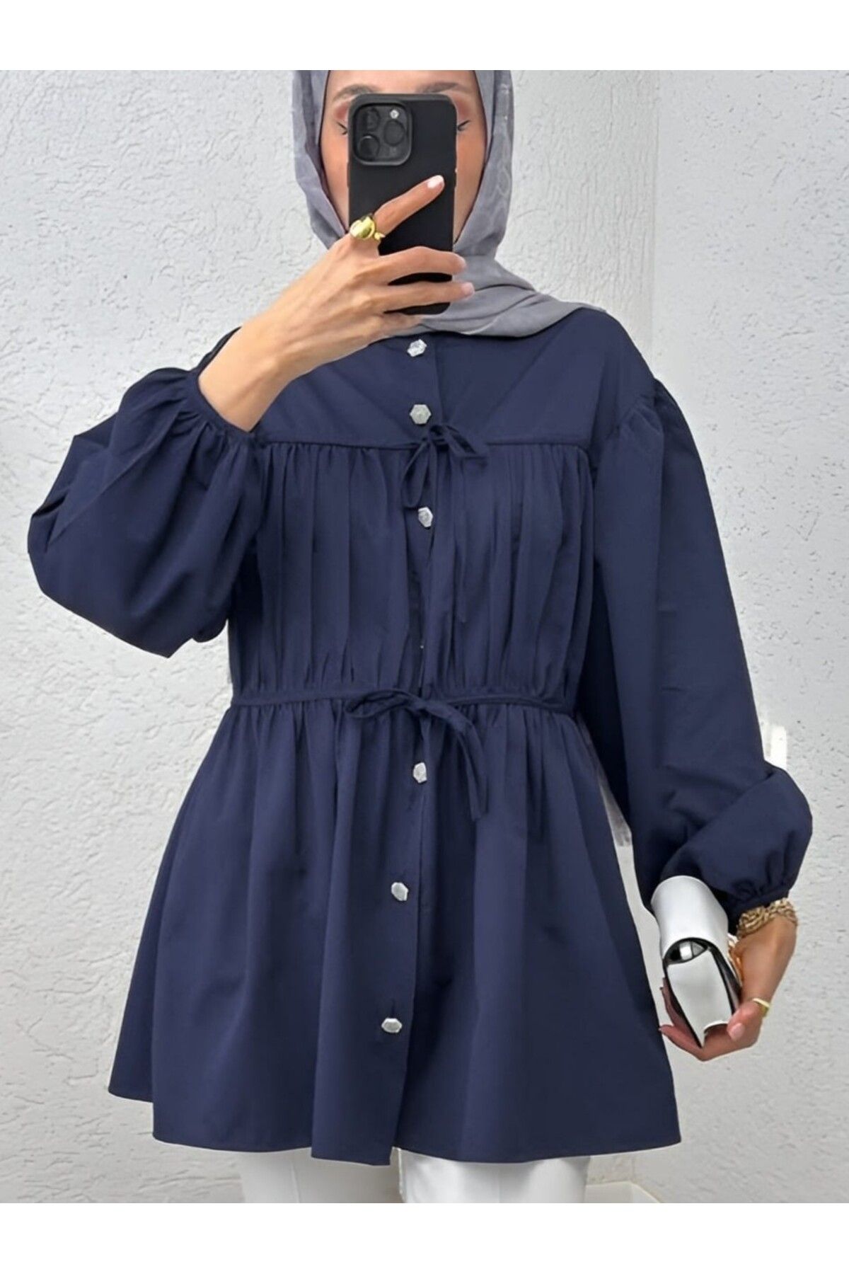 mahira collection Taşlı Düğmeli Kolu Lastikli Bağlama Detaylı Gömlek