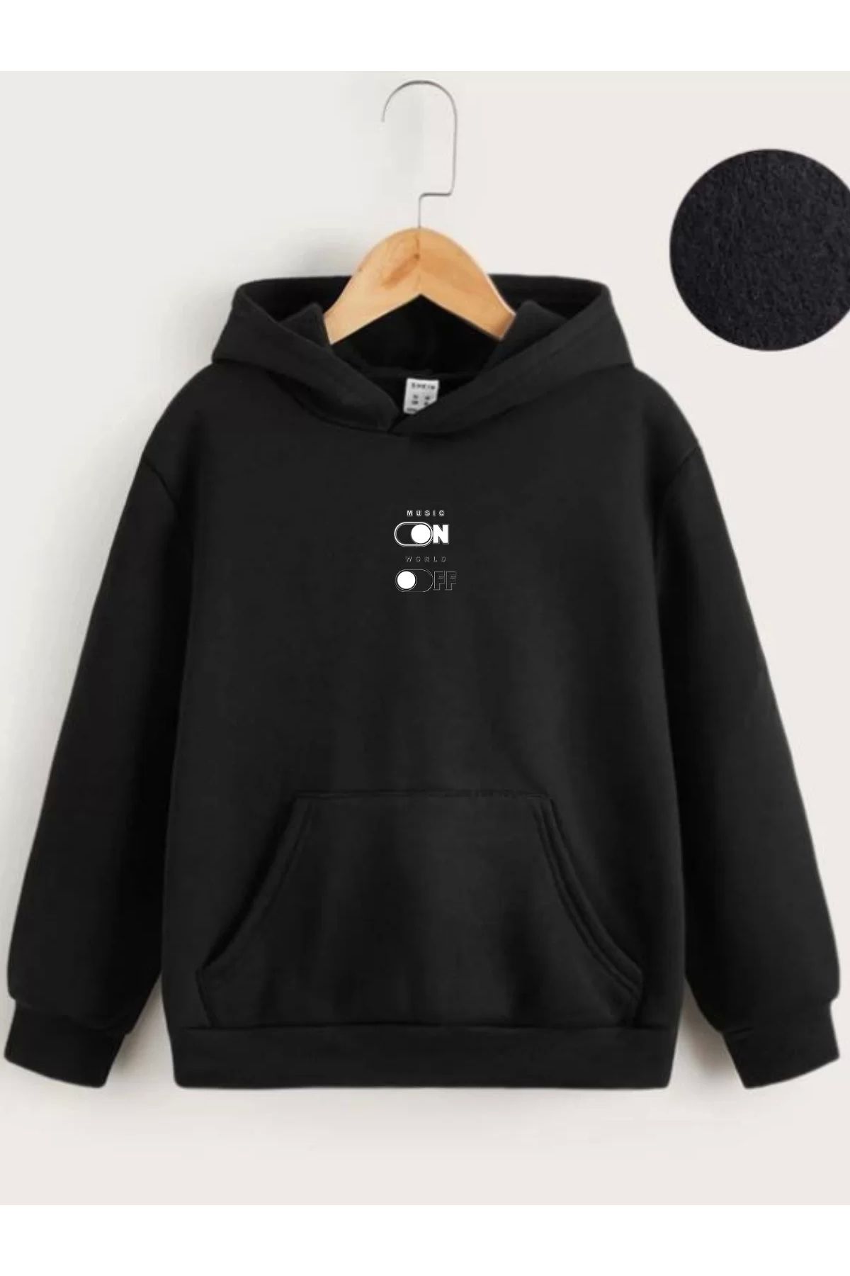 MODA CS Çocuk Unisex Kapüşonlu Music On-Off Baskılı Sweatshirt - Siyah