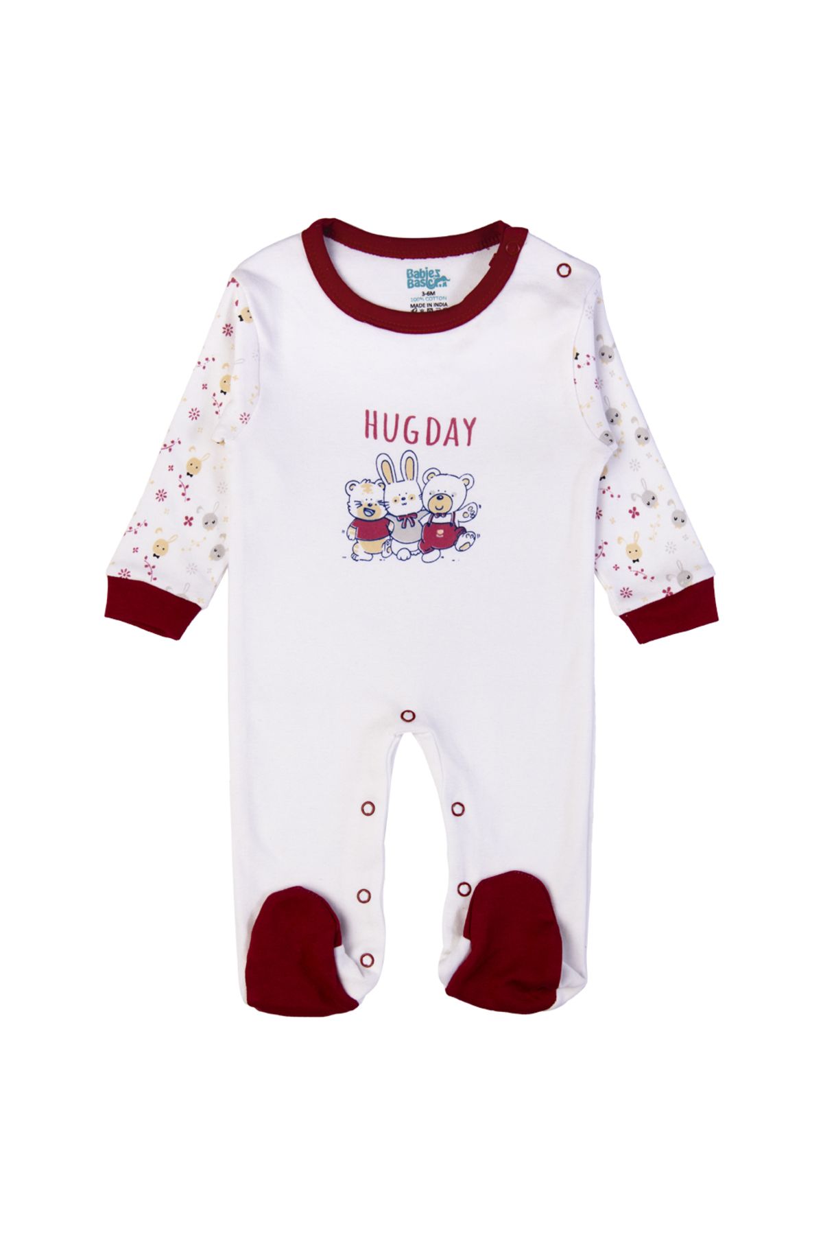 Babies Basic-5 piece New Born Set include Bib, Romper, Mittens, Cap, Sleepsuit- Hug Day, Red 4