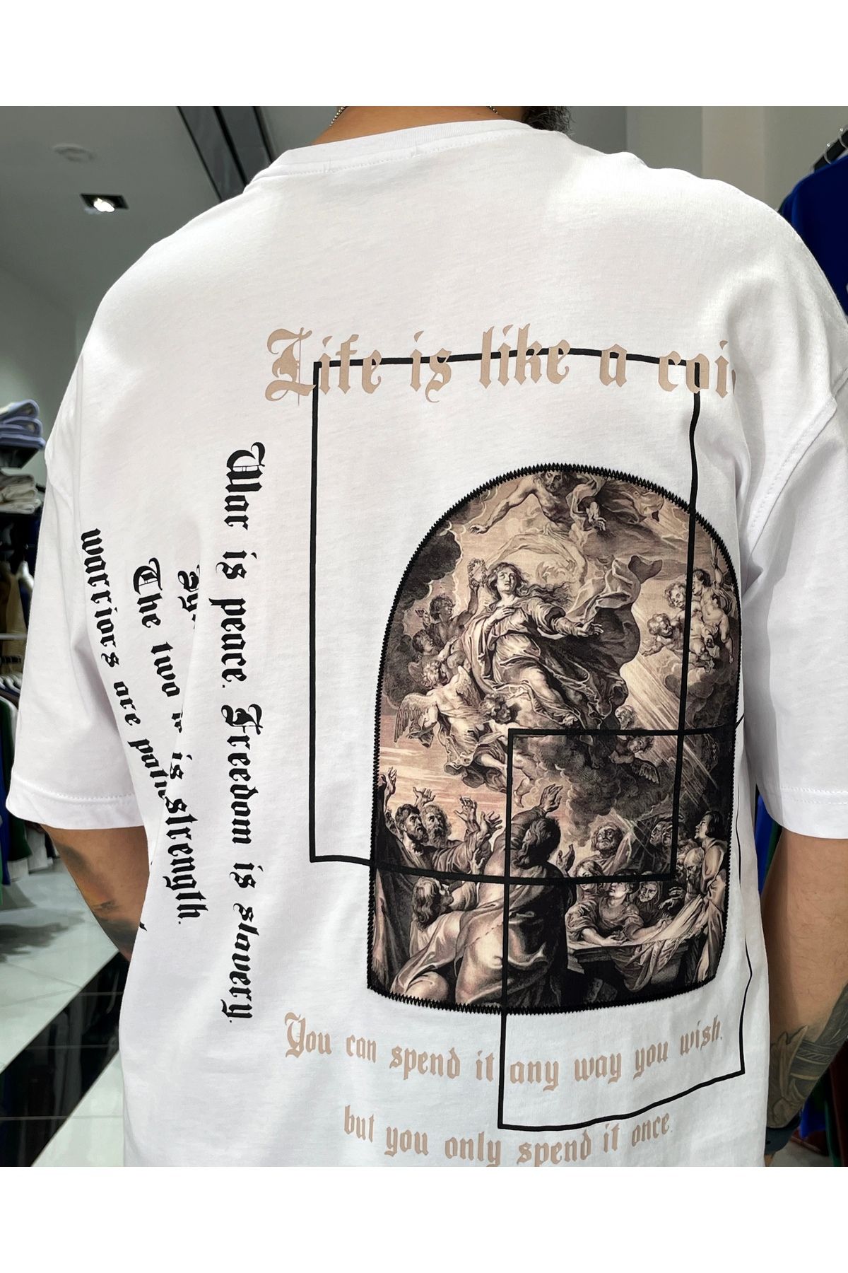 Higo Man Erkek Sırtı Antik Kumaş Baskı Oversize T-Shirt