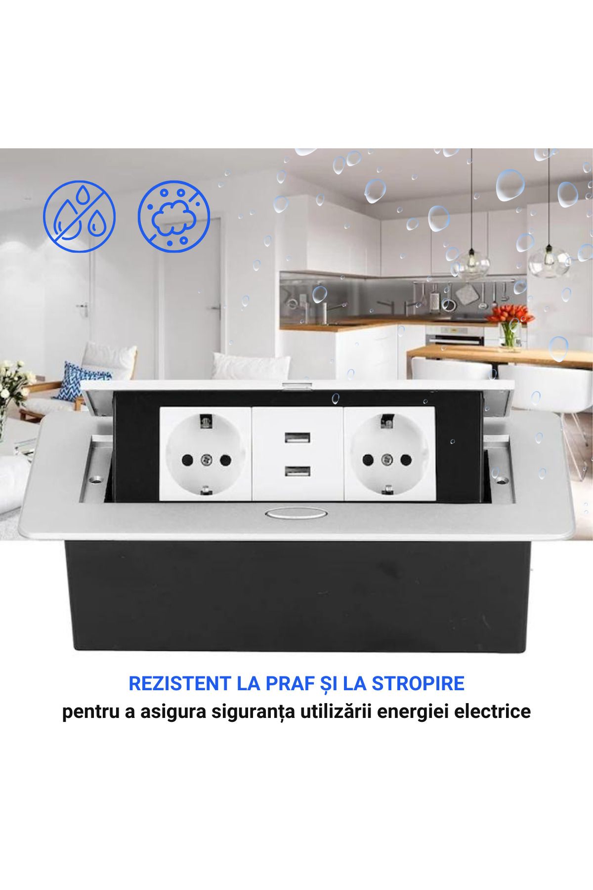 ATOMKIT-Ain Countertop Built-in Socket, 2 EU Inputs, USB-A and USB-C, 2.1a, Lift Button, Silver 9