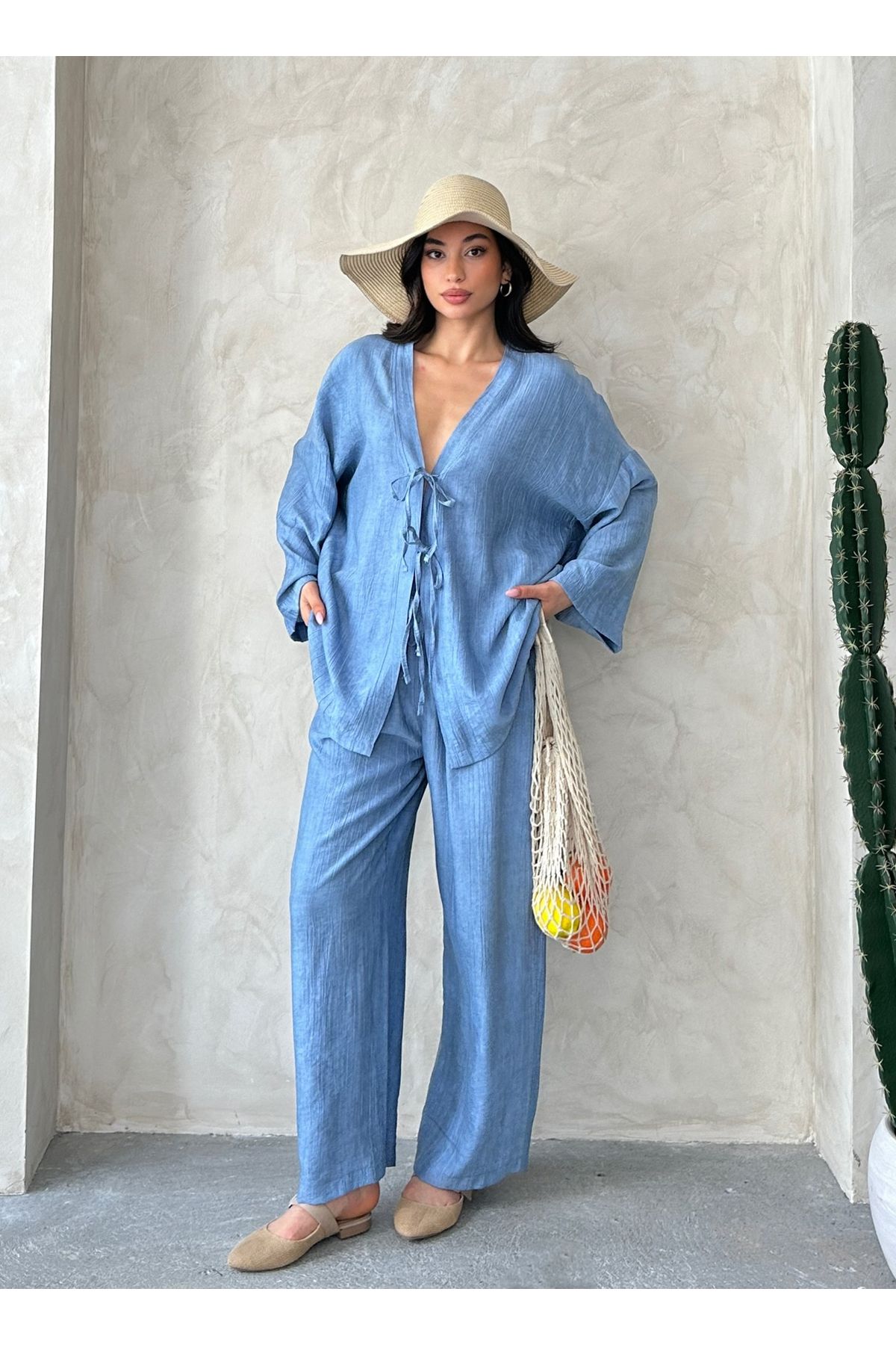 MD trend Kadın Bağcıklı Kimono - Pantolon Takım