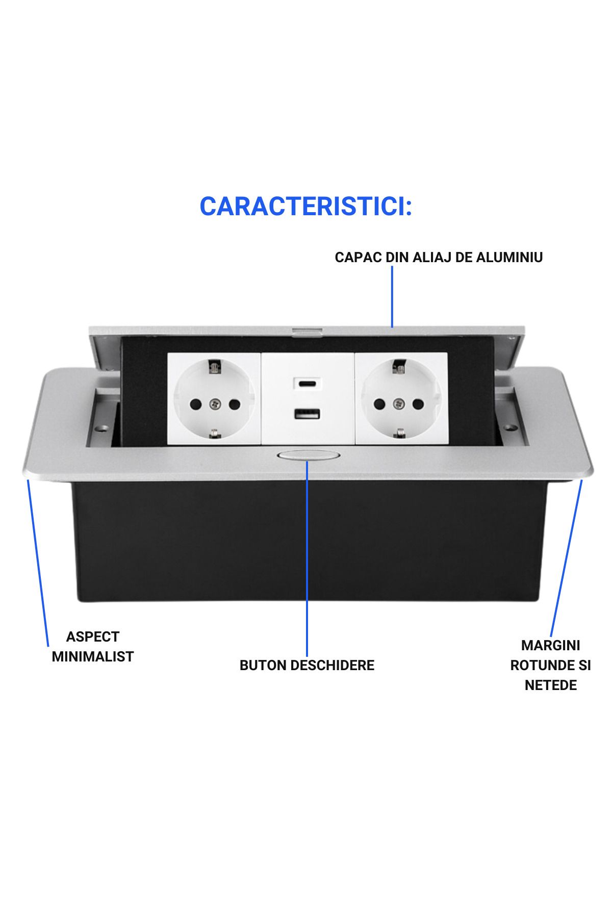 ATOMKIT-Ain Countertop Built-in Socket, 2 EU Inputs, USB-A and USB-C, 2.1a, Lift Button, Silver 2