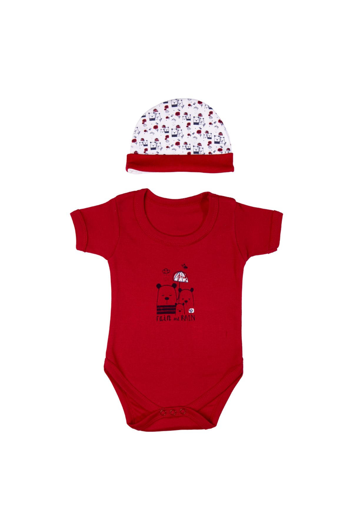 Babies Basic-5 piece New Born Set include Bib, Romper, Mittens, Cap, Sleepsuit- Rain, Red 5