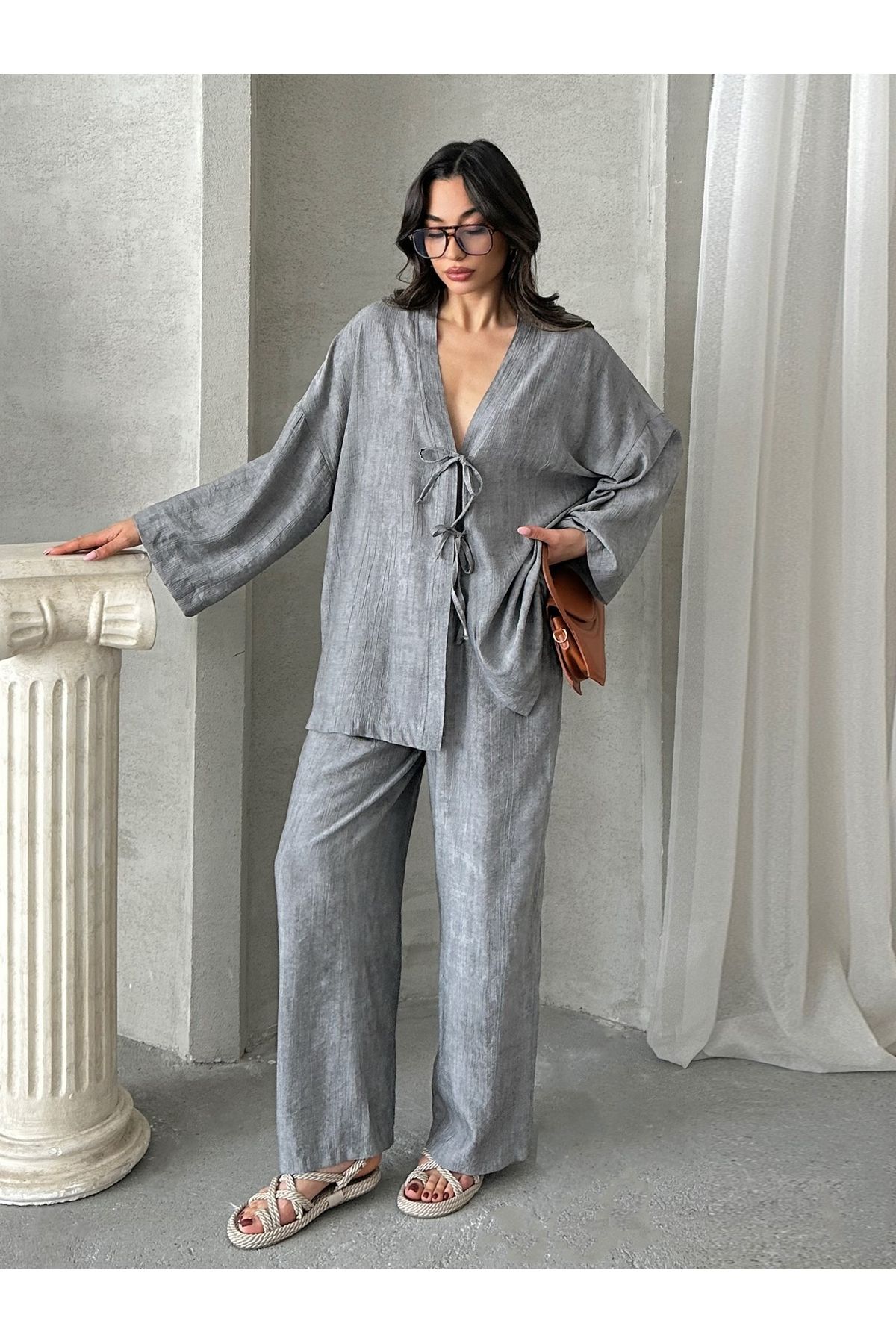 MD trend Kadın Bağcıklı Kimono - Pantolon Takım