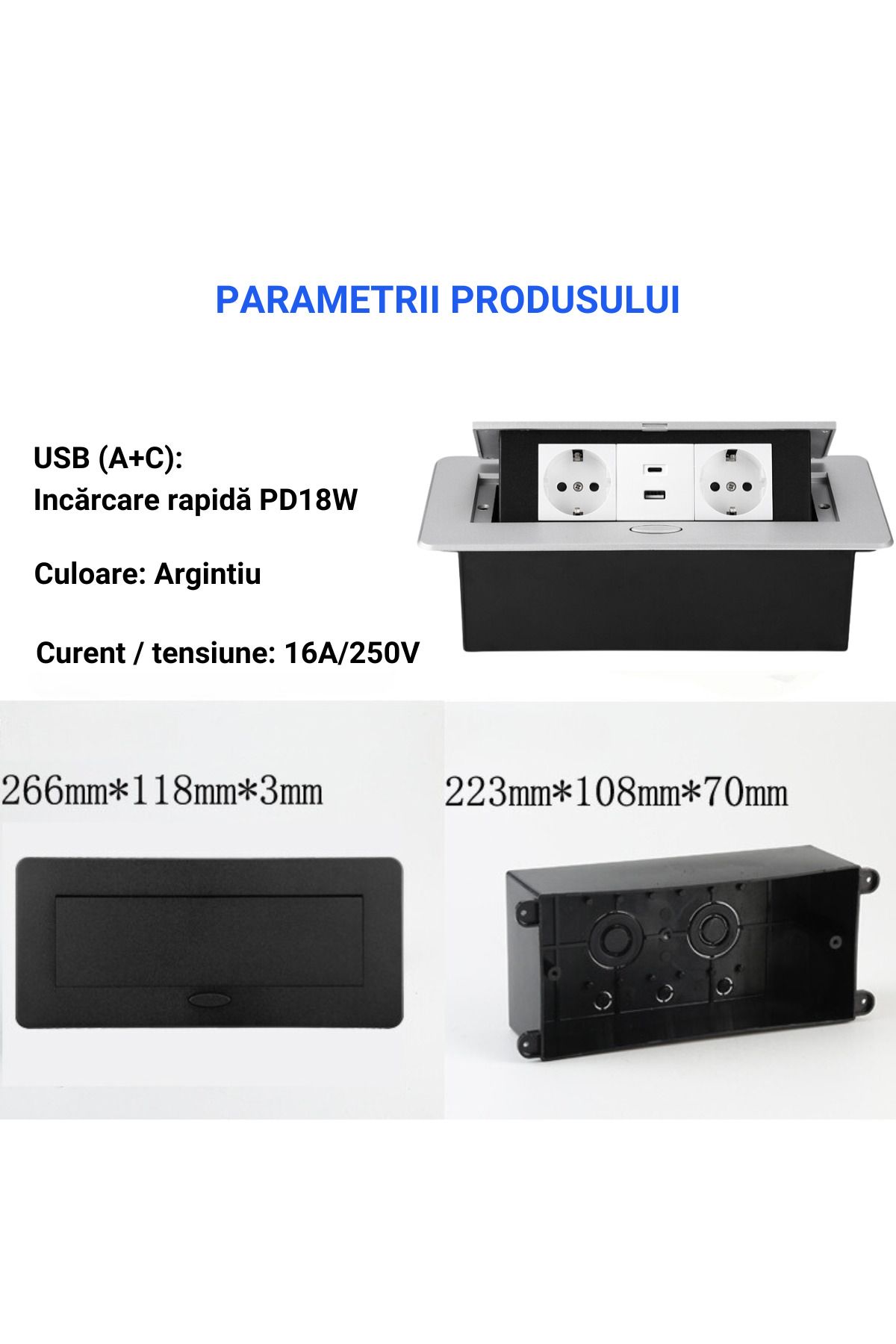 ATOMKIT-Ain Countertop Built-in Socket, 2 EU Inputs, USB-A and USB-C, 2.1a, Lift Button, Silver 3