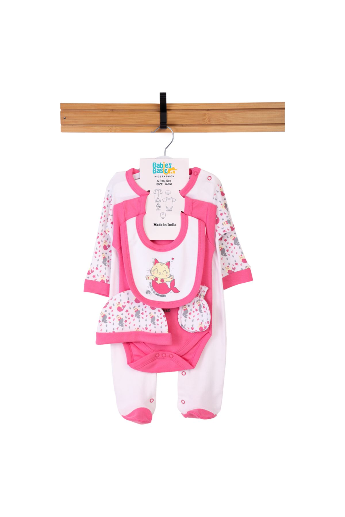 Babies Basic-5 piece New Born Set include Bib, Romper, Mittens, Cap, Sleepsuit- Meowmaid, Red 7