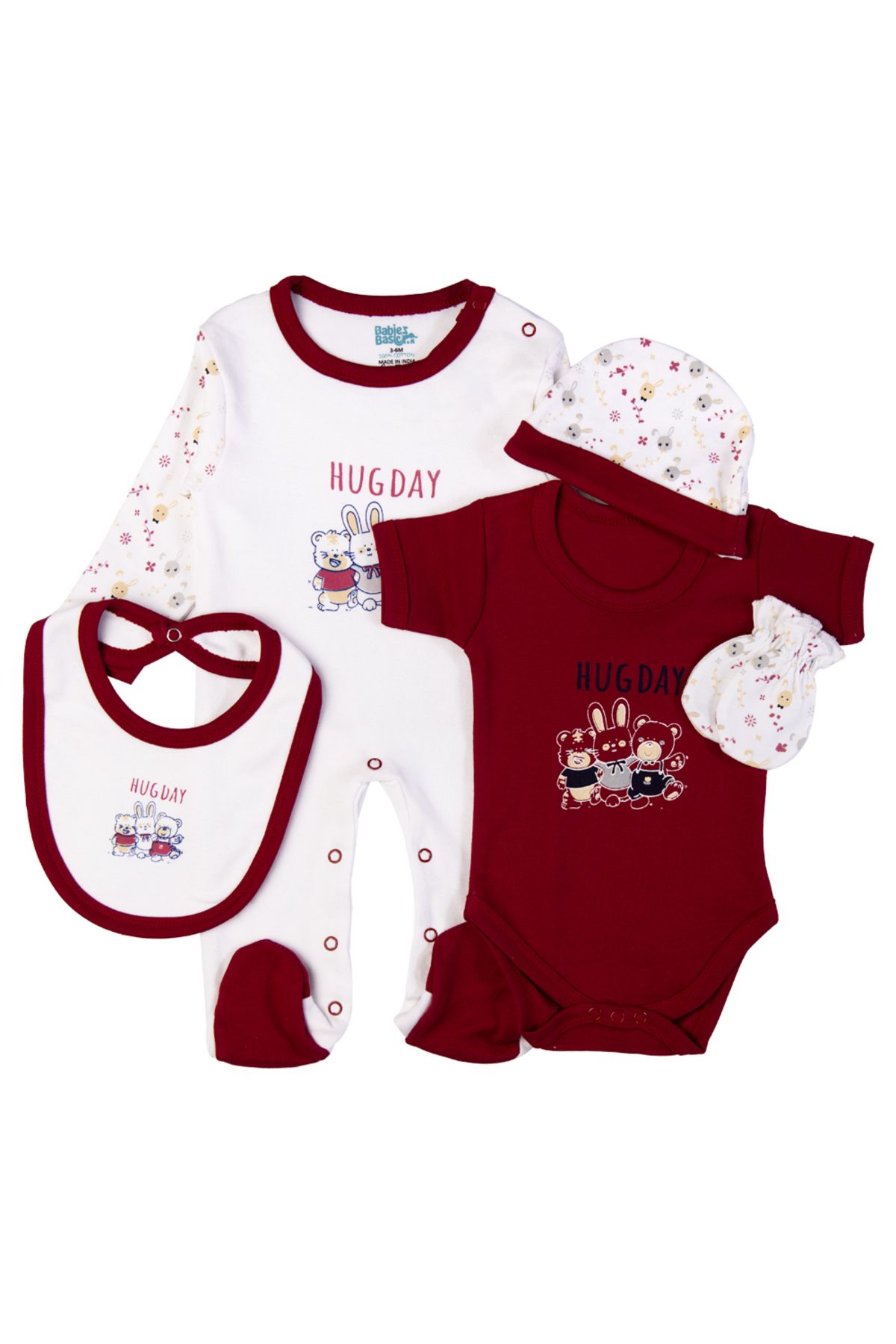 Babies Basic-5 piece New Born Set include Bib, Romper, Mittens, Cap, Sleepsuit- Hug Day, Red 1
