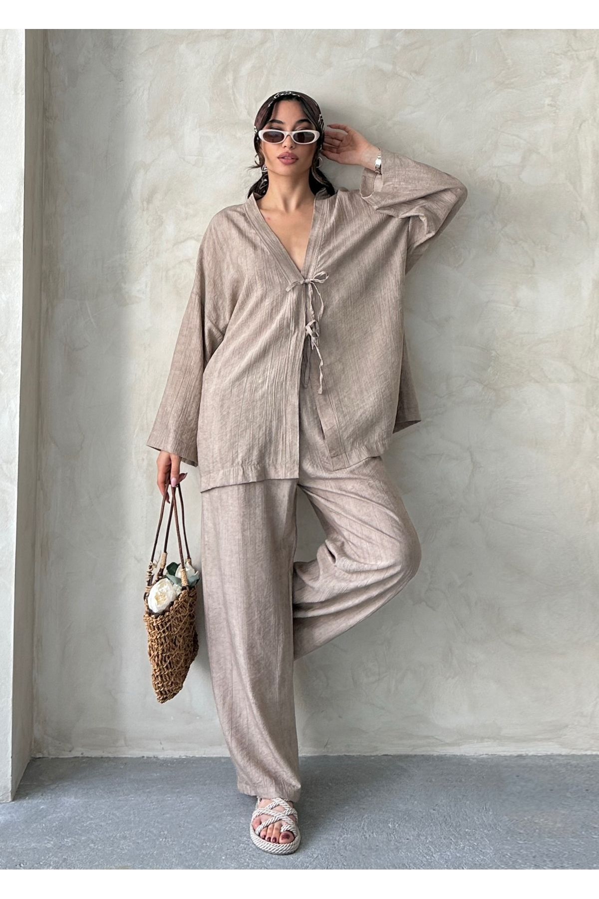 MD trend Kadın Bağcıklı Kimono - Pantolon Takım