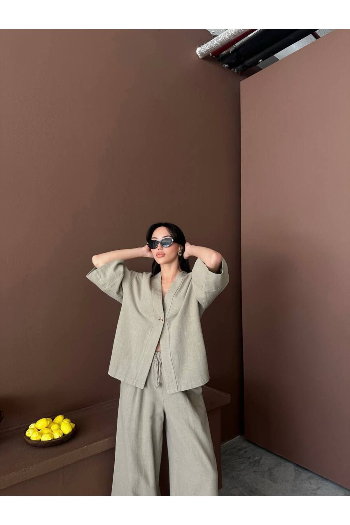 Hotfashion Tek Düğmeli Oversize Kimono Pantolon Takım